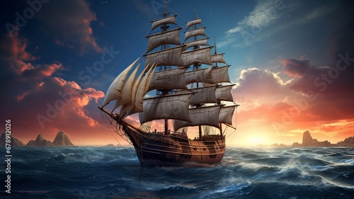 Sail ship with nights sky high resolution beautiful image Ai generated natural beauty art