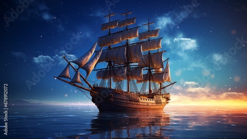 Sail ship with nights sky high resolution beautiful image Ai generated art