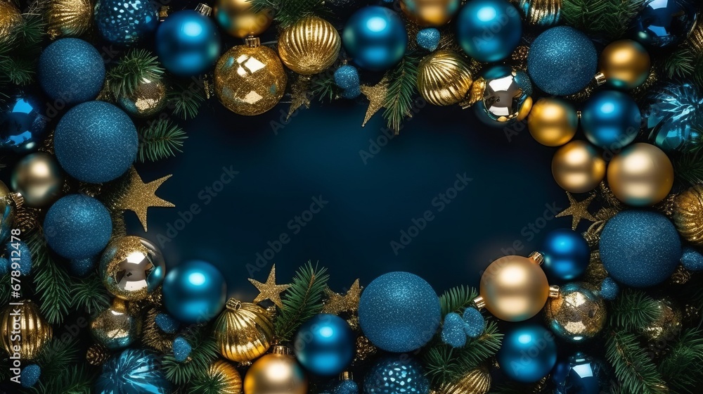 Christmas frame top border made of fir tree branches with golden and blue balls. Surprise for New Year or Christmas. New Year concept. Decor concept. Celebrate concept. Magic concept. Christmas frame top border made of fir tree branches with golden and blue balls. Surprise for New Year or Christmas. New Year concept. Decor concept. Celebrate concept. Magic concept.