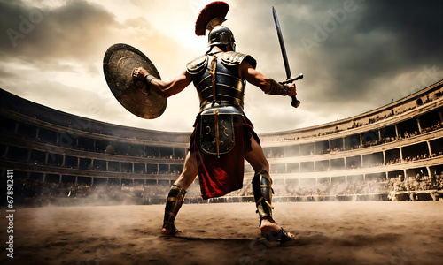 one Fighter. alone Roman soldier. Colosseum warrior fighting in gladiator's arena. greek soldier with sword and shield. warriors on Colosseum arena background. Generative AI.