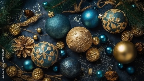 Christmas frame top border made of fir tree branches with golden and blue balls. Surprise for New Year or Christmas. New Year concept. Decor concept. Celebrate concept. Magic concept. 