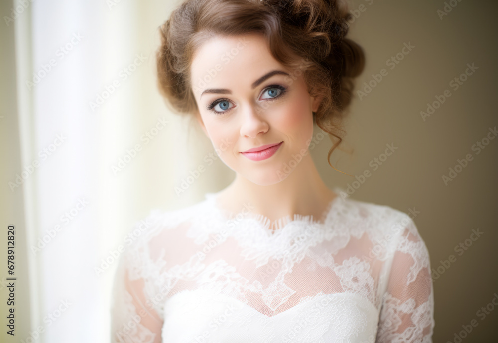 Woman in a beautiful white wedding dress, blue eyes. The dress features a delicate lace neckline, adding a touch of elegance and sophistication, updo hair, natural lightning Woman in a beautiful white wedding dress, blue eyes. The dress features a delicate lace neckline, adding a touch of elegance and sophistication, updo hair, natural lightning