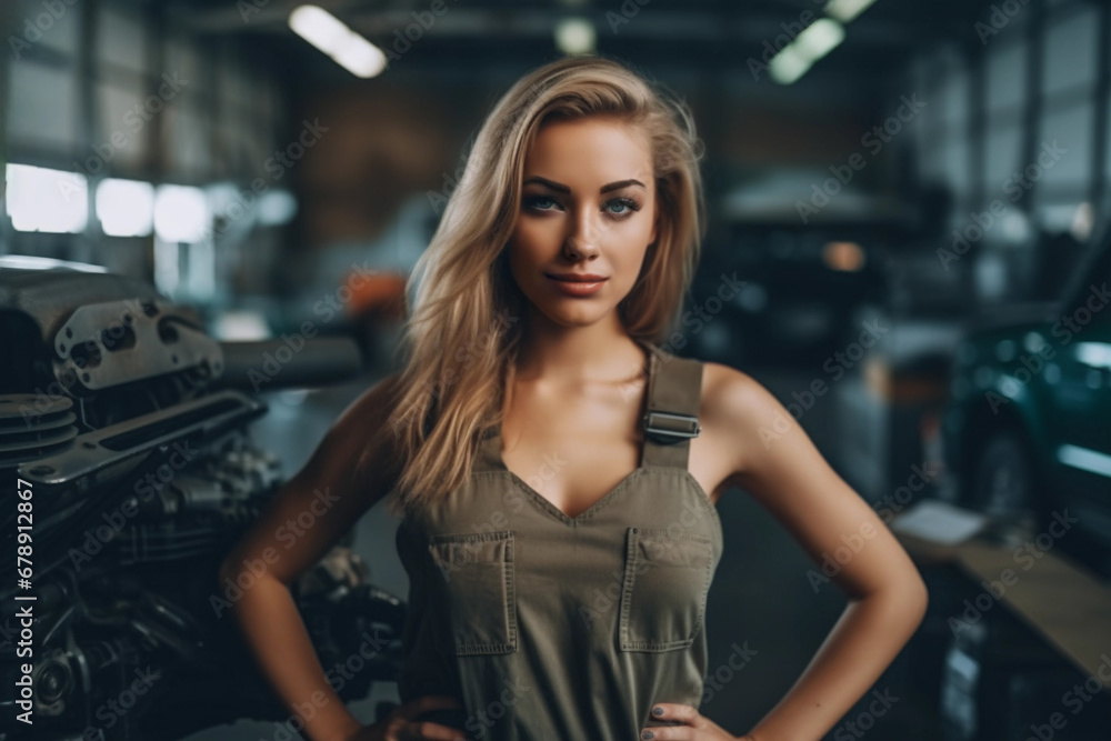 Sexy female mechanic smiling while working in auto repair shop. Generative AI.