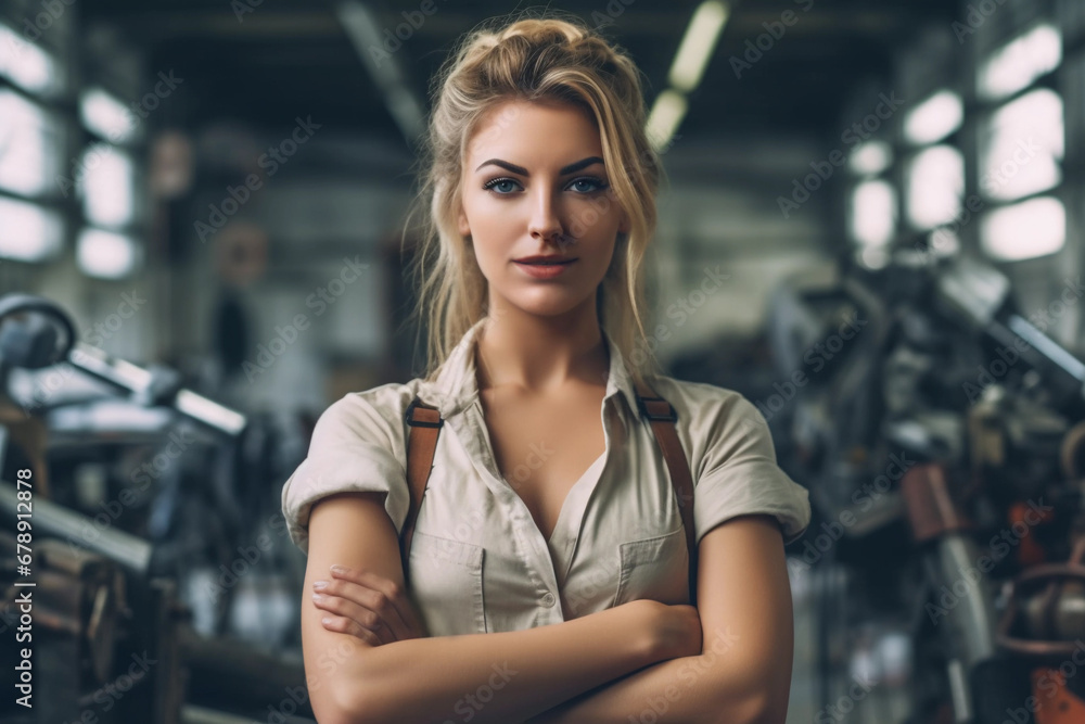 Fototapeta premium Woman mechanic inspecting car engine, female automotive technician examining vehicle. Generative AI.
