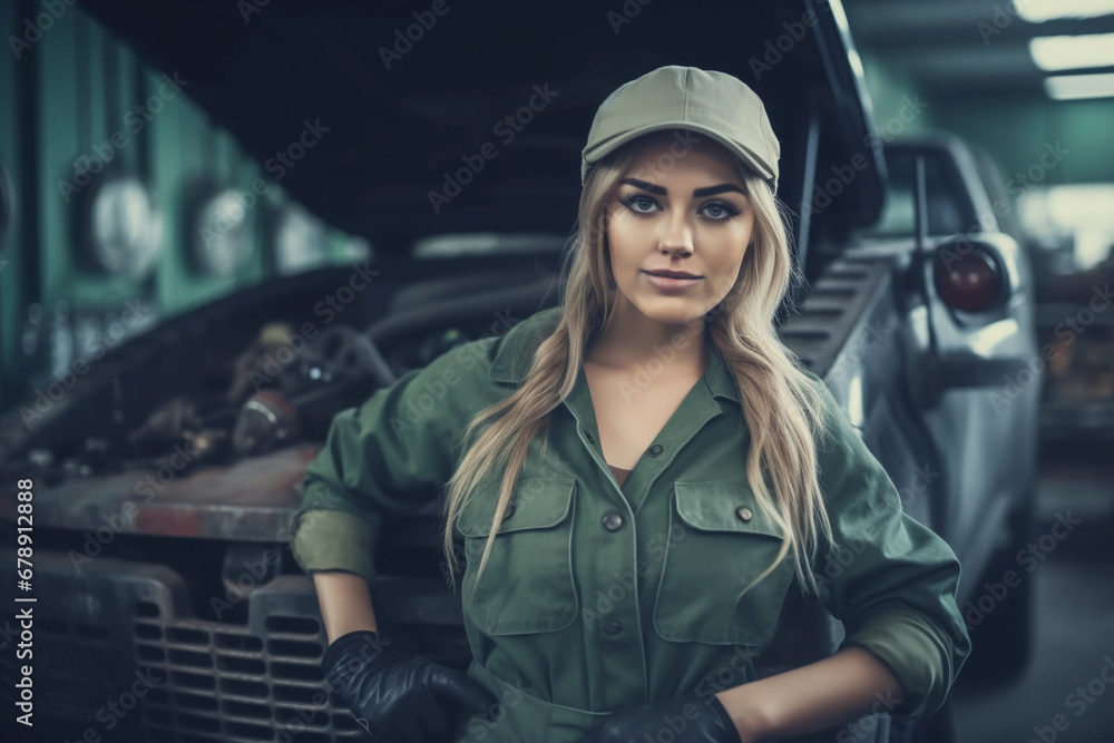 Professional female mechanic smiling in auto repair shop, young woman in uniform, car service and maintenance concept. Generative AI. Professional female mechanic smiling in auto repair shop, young woman in uniform, car service and maintenance concept. Generative AI.