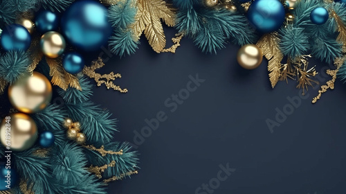 Christmas frame top border made of fir tree branches with golden and blue balls. Surprise for New Year or Christmas. New Year concept. Decor concept. Celebrate concept. Magic concept. 