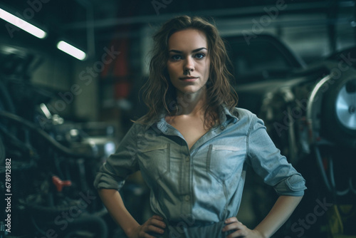 Female mechanic posing with car in auto repair workshop. Generative AI.