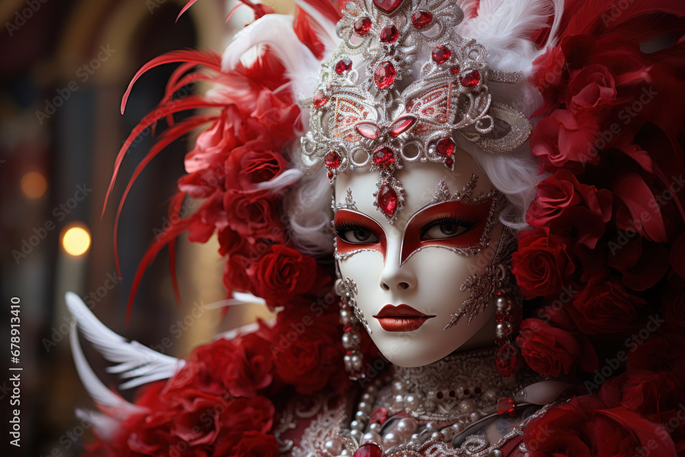 Elaborate masks adorned with feathers and jewels, a hallmark of the Carnival of Venice, celebrate the city's rich history and tradition. Generative Ai. Elaborate masks adorned with feathers and jewels, a hallmark of the Carnival of Venice, celebrate the city's rich history and tradition. Generative Ai.