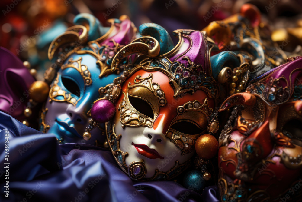 A colorful and vibrant display of Venetian carnival masks for sale in a bustling street market. Generative Ai.