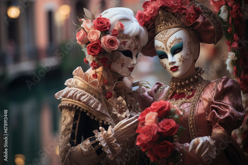 A couple in matching Venetian masks and costumes sharing a romantic moment by a canal during the Carnival. Generative Ai.