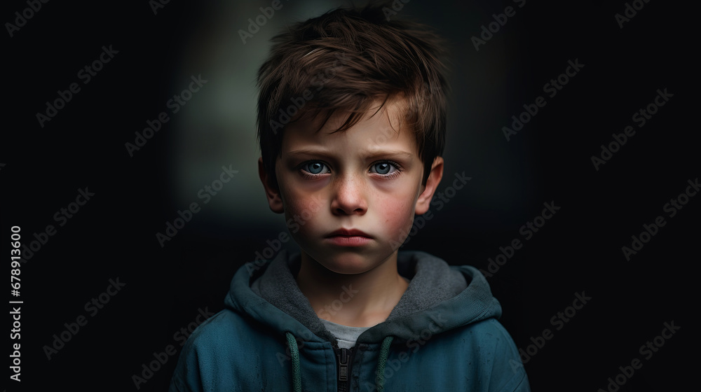 Dramatic portrait of a little cute boy with sad eyes. Portrait of a European boy with dark hair and blue eyes on a dark background. Portrait of a sad little boy on a dark background. Selective focus. Dramatic portrait of a little cute boy with sad eyes. Portrait of a European boy with dark hair and blue eyes on a dark background. Portrait of a sad little boy on a dark background. Selective focus.