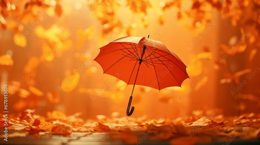 An open umbrella floating and surrounded by a pile of autumn leaves, painted in warm fall colors.