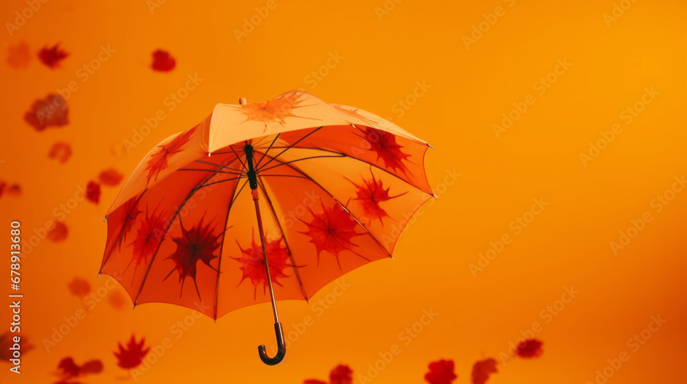 An open umbrella floating and surrounded by a pile of autumn leaves, painted in warm fall colors.