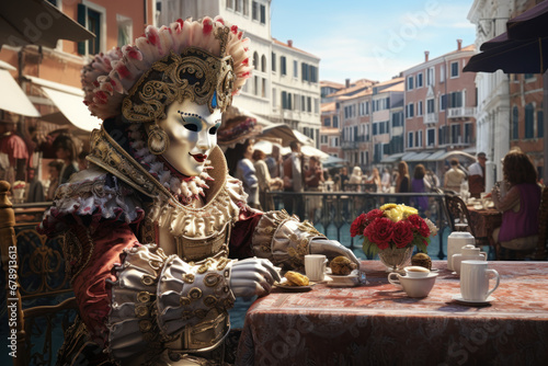 A Venetian canal-side café filled with masked visitors sipping espresso and savoring traditional pastries during the Carnival. Generative Ai.