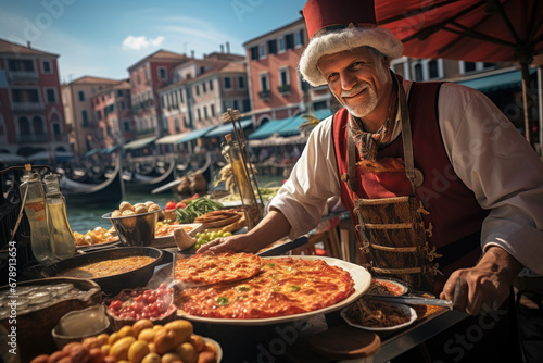 A Venetian street food vendor offering delectable local treats to Carnival attendees, showcasing the city's culinary delights. Generative Ai. © Sebastian