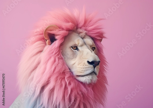 Non-typical portrait of a lion with a pink mane in front of a pink monochromatic background.