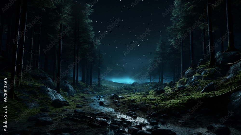 Scene alone forest night light high resolution Ai generated art