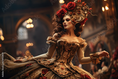 A captivating Venetian opera performance in a historic theater, uniting music and tradition in the heart of Venice during Carnival. Generative Ai.