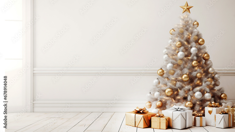 Christmas tree with presents in front of a white wall. New year cozy home interior with Christmas tree and garlands. Christmas tree and gifts in silver and gold tones with space for text.