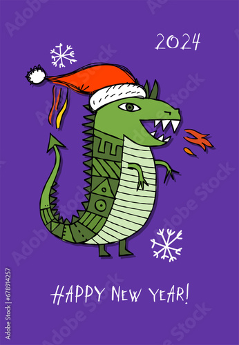 Greeting card design with funny Dragon character in Santa hat. Symbol of Chin...