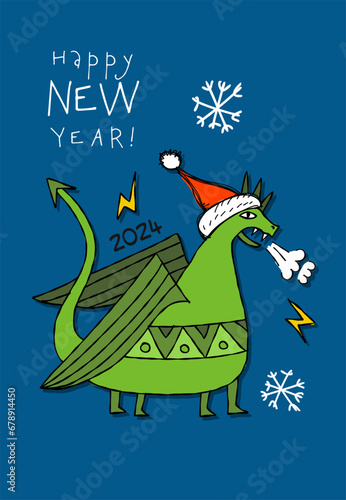 Greeting card design with funny Dragon character in Santa hat. Symbol of Chin...