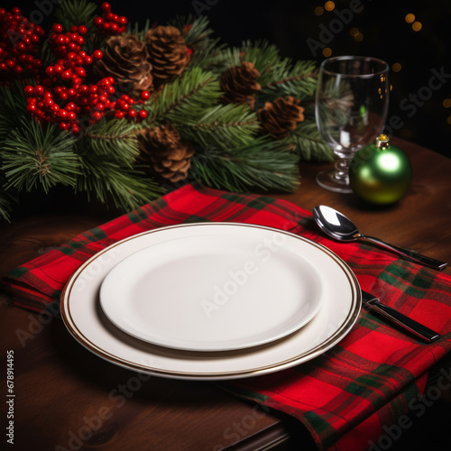Christmas Table. Tableware  plates  cutlery and food. in close-up. Preparing for Christmas Eve dinner.