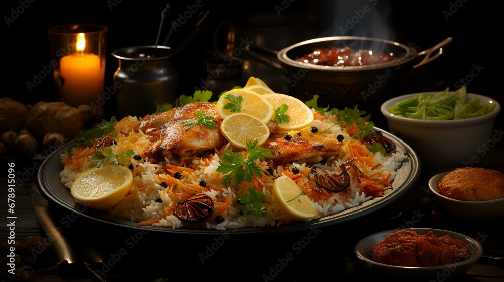 Baked chicken with rice and vegetables in a frying pan on a dark background Baked chicken with rice and vegetables in a frying pan on a dark background