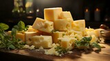 Piece of tasty cheese with herbs on wooden board, closeup