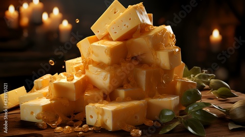 Pieces of cheese with honey on wooden board in dark room, closeup