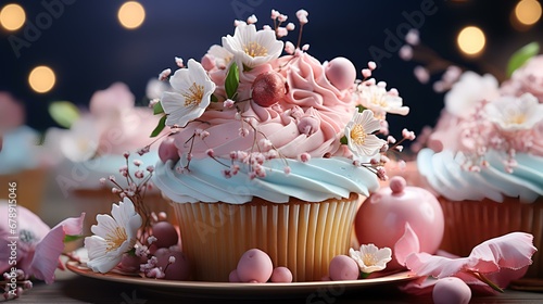 Delicious cupcake with flowers on table against blurred against, closeup