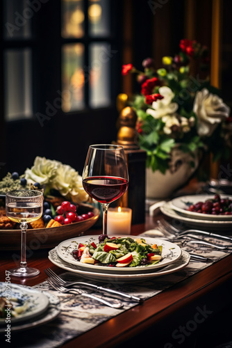 Christmas Table. Tableware  plates  cutlery and food. in close-up. Preparing for Christmas Eve dinner.