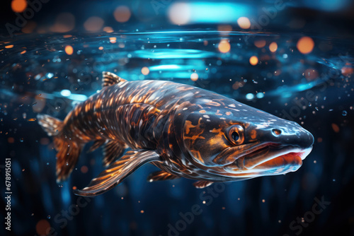 An electric eel swimming in water, highlighting the unique abilities of electric fish. Generative Ai. photo