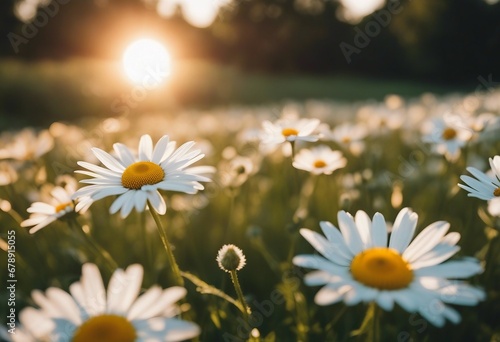 The landscape of white daisy blooms in a field with the focus on the setting sun The grassy meadow