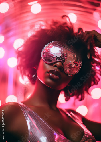 African American woman with curly hair dressed in 80s disco style, wearing funky glasses, vibrant and cheerful colors.
