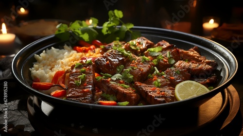 Tasty grilled beef with rice and vegetables in pot of table, closeup