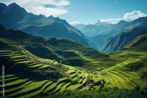 Inca farmers cultivating terraced fields high in the Andes, showcasing agricultural innovation in the Andean region. Generative Ai.
