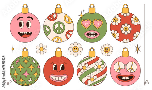 Christmas Groovy vibe set of christmas tree bauble balls and toys in trendy retro 60s hippie linear cartoon style. Vector illustration