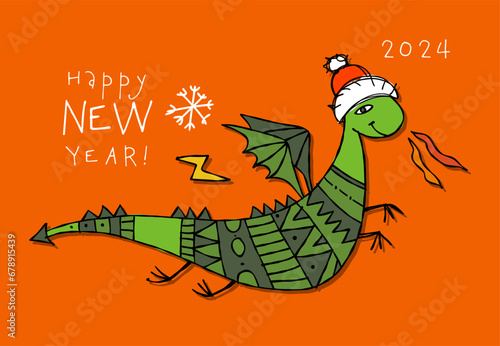 Greeting card design with funny Dragon character in Santa hat. Symbol of Chin...