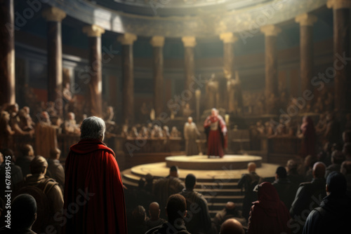 Roman senators deliberating in the Senate chamber, illustrating the political life of the Roman Republic. Generative Ai.