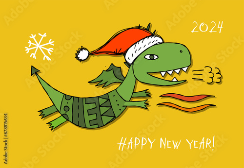 Greeting card design with funny Dragon character in Santa hat. Symbol of Chin...