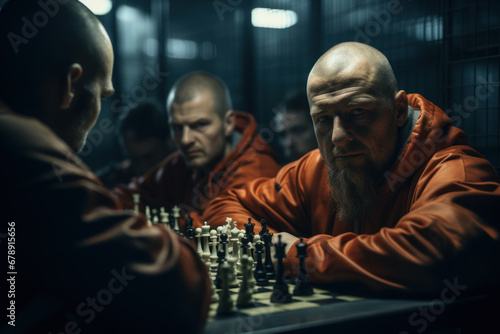 A prison chess club, where incarcerated individuals strategize and compete, stimulating their minds. Concept of chess as a rehabilitative activity. Generative Ai.