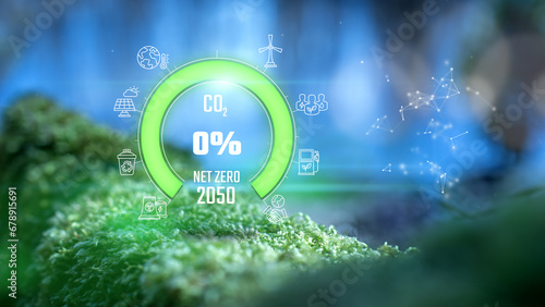 Net Zero Emissions 2050 Countdown Green Power Concept On Moss Background