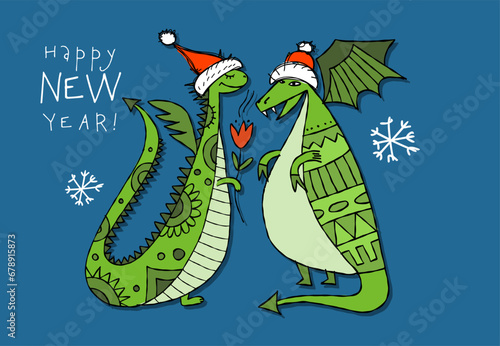 Greeting card design with funny Dragon characters in Santa hats. Symbol of Ch...