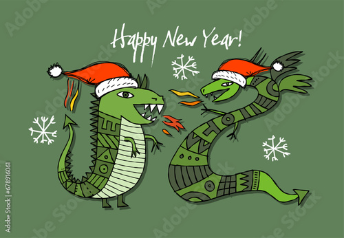 Greeting card design with funny Dragon characters in Santa hats. Symbol of Ch...