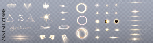 Set of lighting effects. Set of glowing isolated yellow transparent light effects, lens flare, explosion, sparkle, dust, line, solar flare, spark and stars with sun dimming.