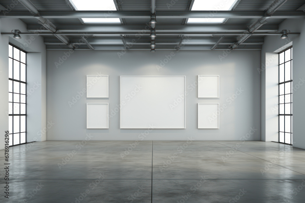 A blank, minimalist art gallery wall, open to a variety of art and ...