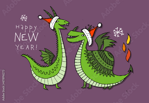 Greeting card design with funny Dragon characters in Santa hats. Symbol of Ch...
