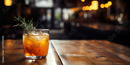 Alcoholic drink with rum and juice, blurred background bar