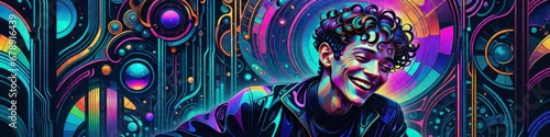 Abstract banner laughing man on cyberpunk style surreal background  background for your design