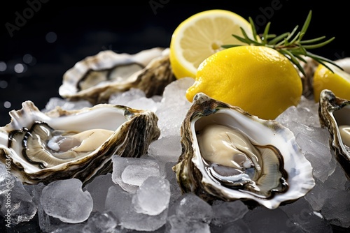 Freshly shucked oysters on a bed of ice with lemon wedges photo